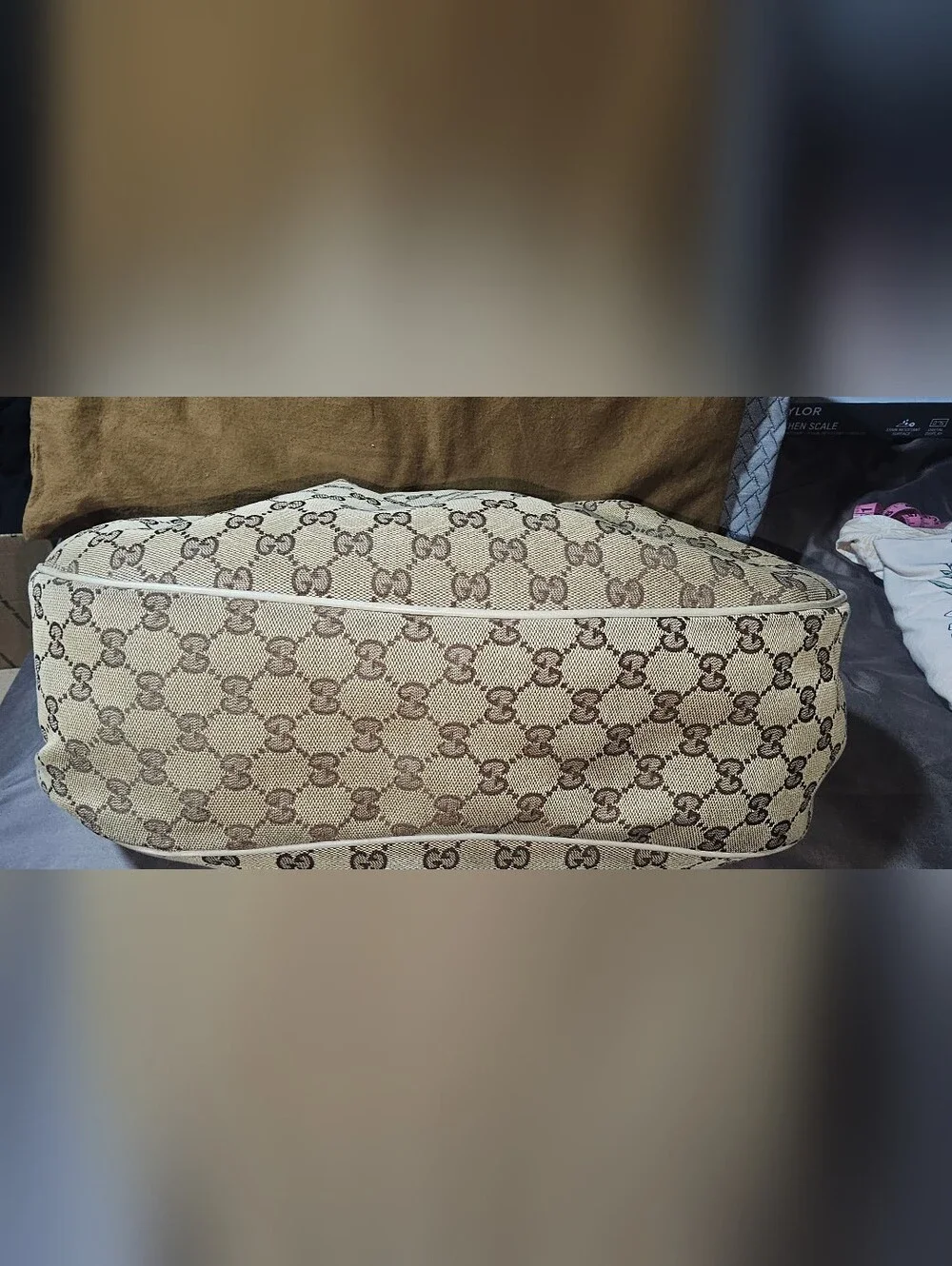 Authentic Gucci Beige Monogram Canvas Sukey Shoulder Bag with Ivory Trim Vintage